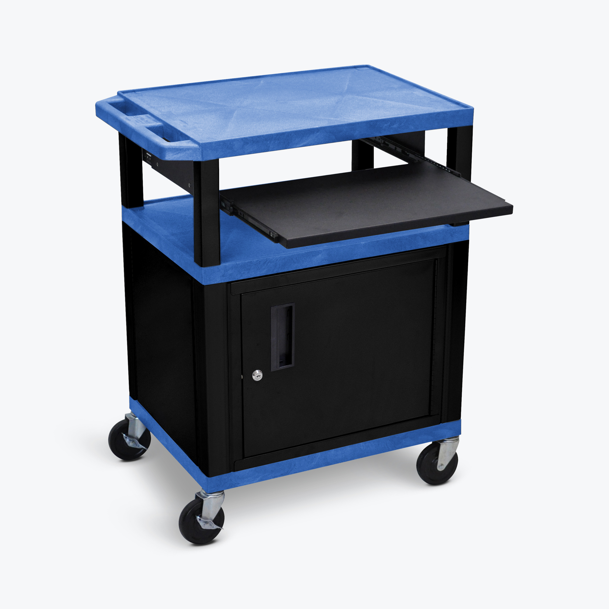 Luxor AV Cart — 34in. Height, 3 Shelves, Locking Cabinet, Front Pullout Tray, Black, Model# WTPS34BUC2-B